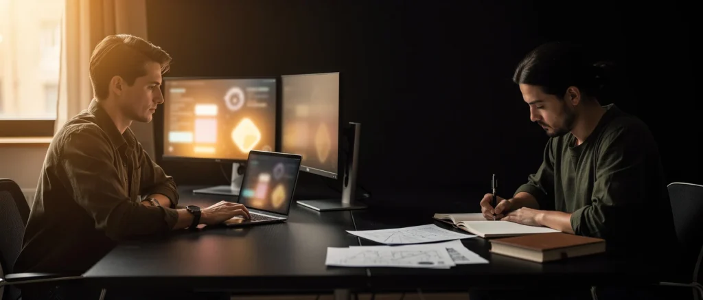 Two professionals working at desk with laptops and design sketches in modern studio office environment