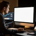 Man monitoring financial data on multiple screens at a desk in evening lighting.