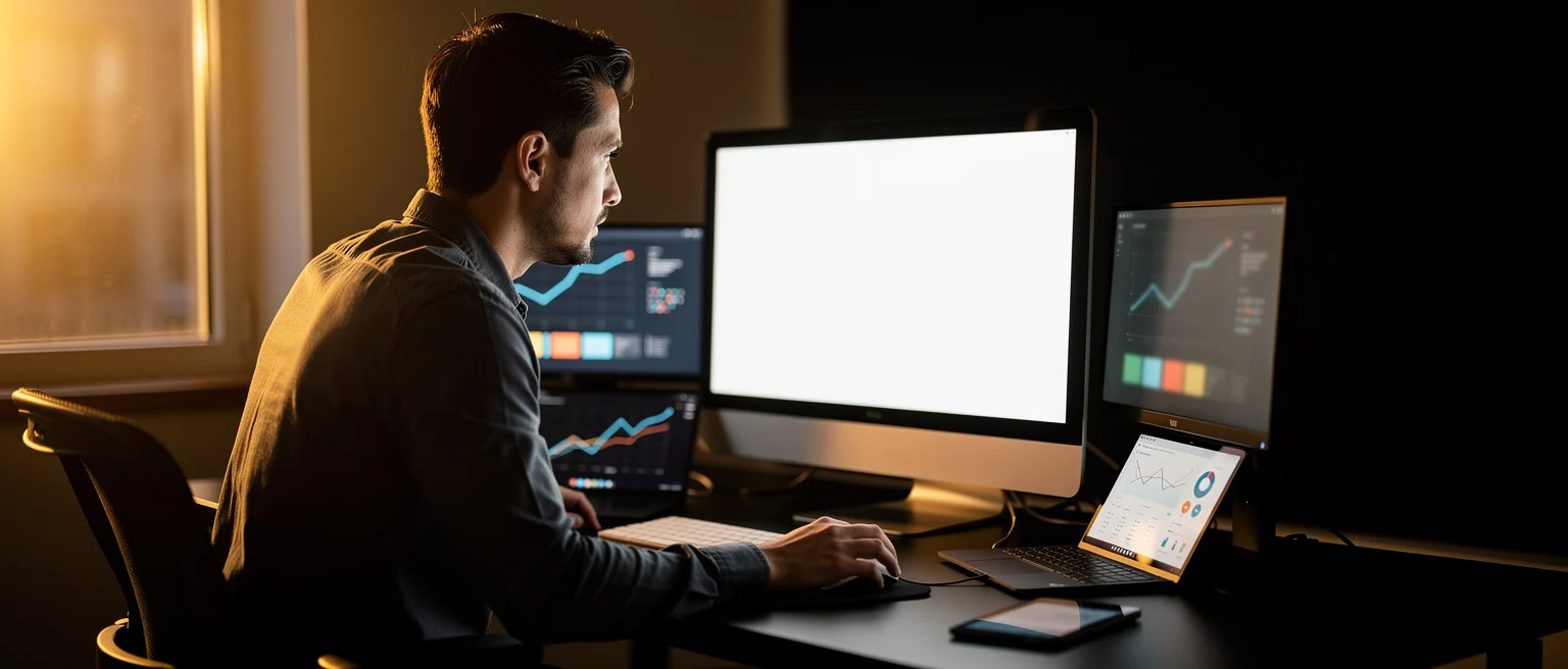 Man monitoring financial data on multiple screens at a desk in evening lighting.