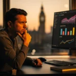 Man at desk reviewing analytics charts on monitor with London skyline at sunset in background.