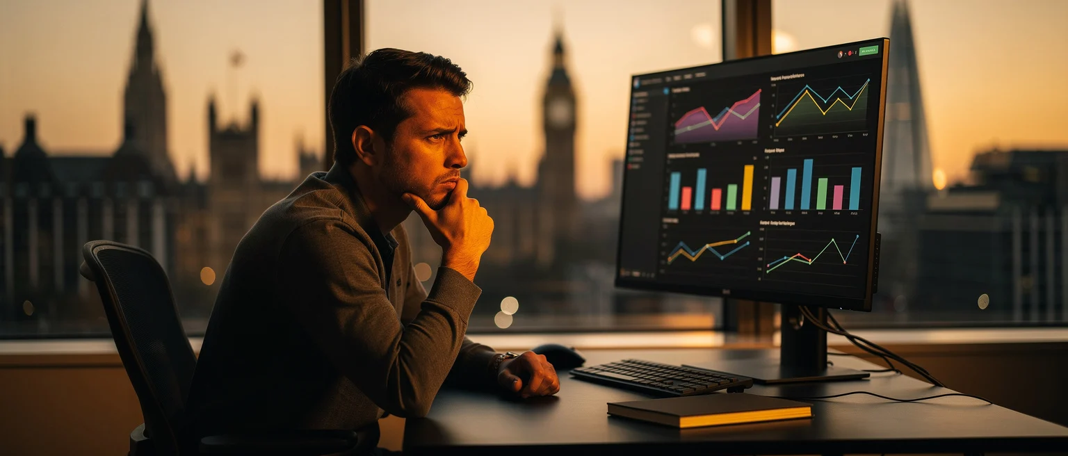 Man at desk reviewing analytics charts on monitor with London skyline at sunset in background.