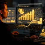 Man viewing financial data dashboards with charts and graphs on multiple screens at night.