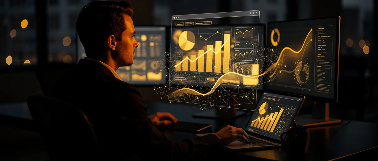 Man viewing financial data dashboards with charts and graphs on multiple screens at night.
