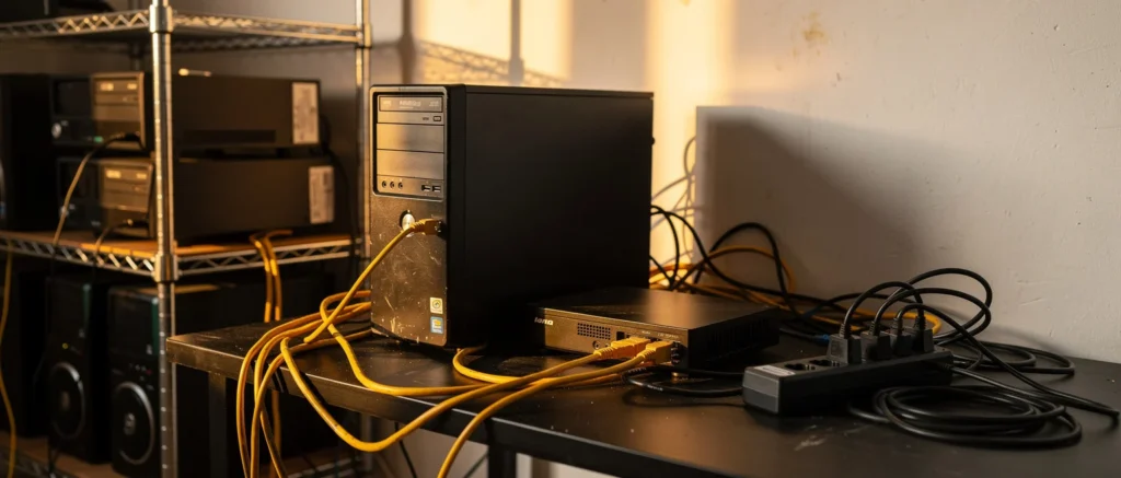 Computer workstation with tower CPU, monitor, and yellow network cables on a desk with shelving and equipment in background.