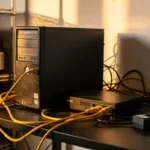 Computer workstation with tower CPU, monitor, and yellow network cables on a desk with shelving and equipment in background.