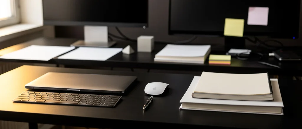 Organized desk workspace with laptop, keyboard, mouse, notebooks, and monitors with sticky notes.