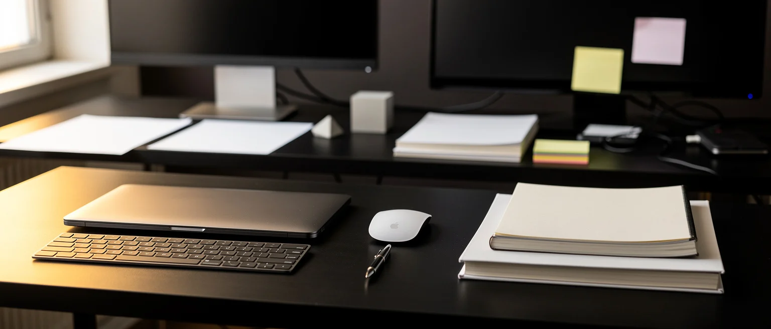 Organized desk workspace with laptop, keyboard, mouse, notebooks, and monitors with sticky notes.