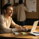 Man working at wooden desk with laptop, notepad, and desk lamp in an office at night.