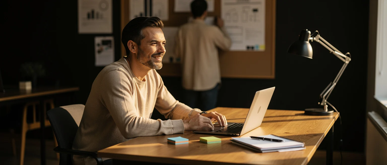 Man working at wooden desk with laptop, notepad, and desk lamp in an office at night.