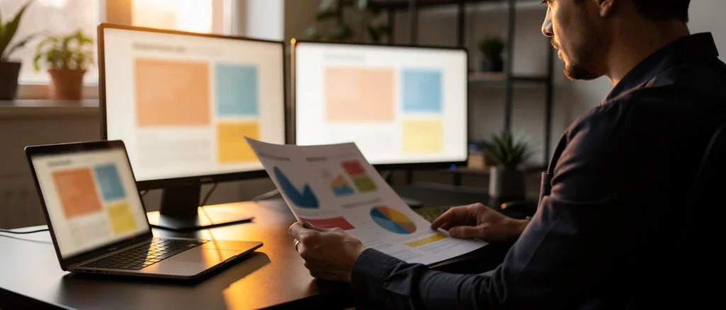 Man reviewing design layouts on paper and digital devices at a desk with monitors in background.