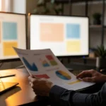 Man reviewing design layouts on paper and digital devices at a desk with monitors in background.
