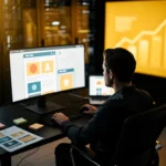 Designer working at desk with multiple monitors displaying colourful UI wireframes and dashboard analytics