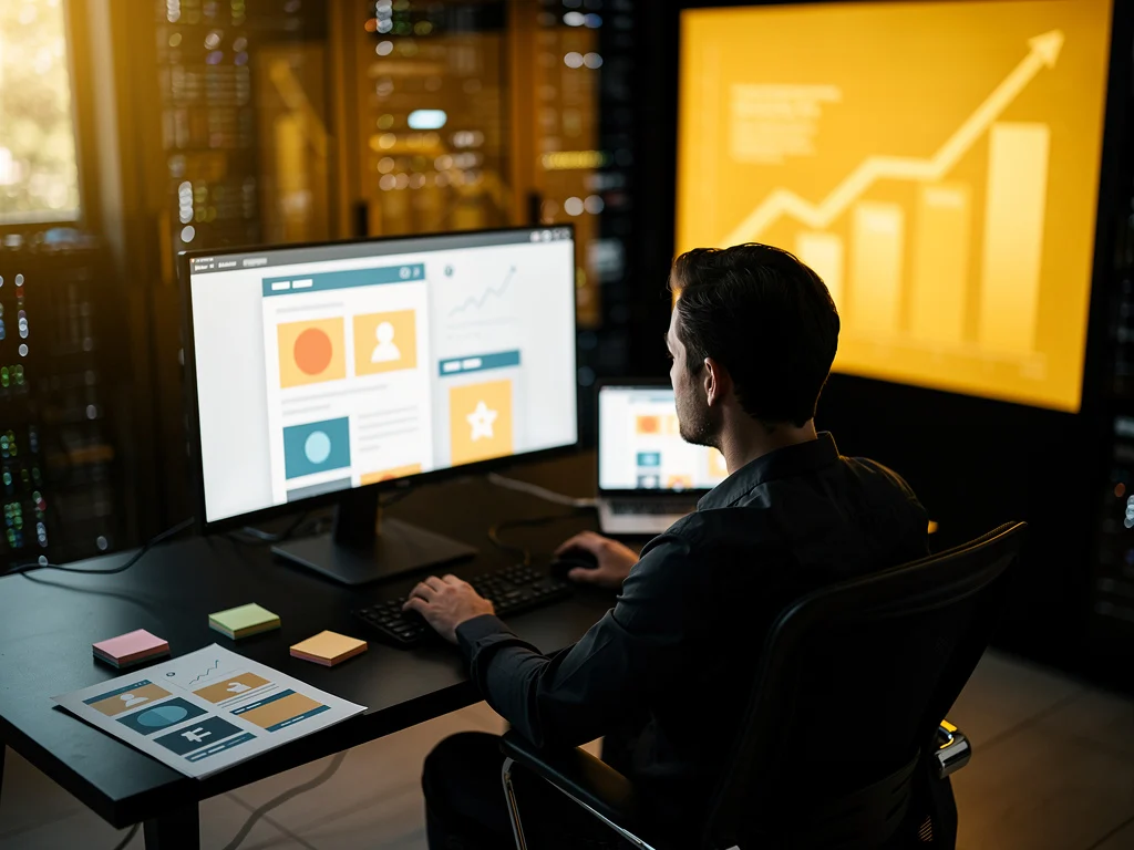 Designer working at desk with multiple monitors displaying colourful UI wireframes and dashboard analytics