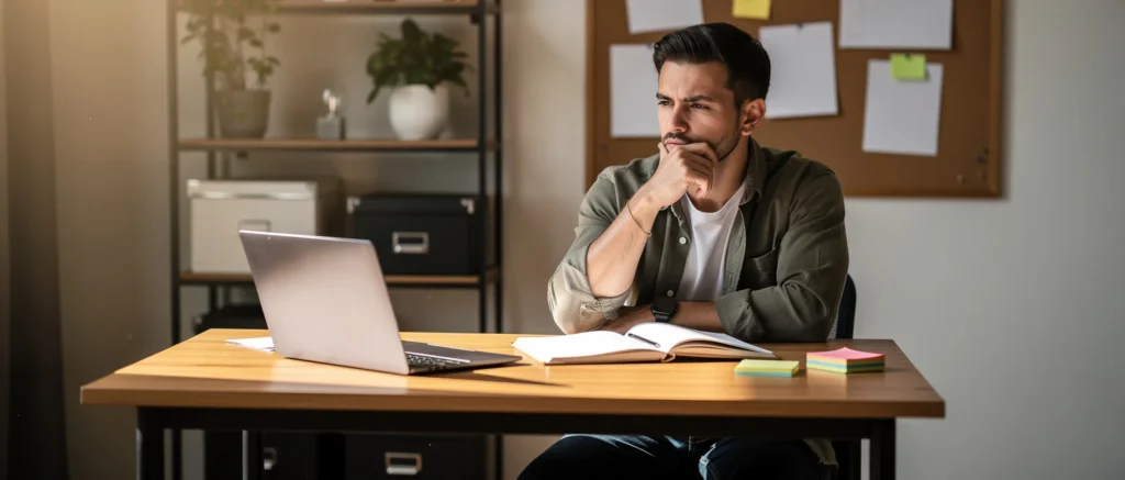 Man in olive shirt sitting at wooden desk with laptop and notebook, hand to chin in thoughtful pose.
