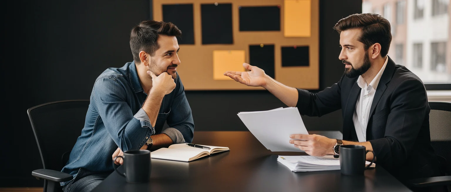 Two professional men in business meeting discussing documents at table with modern office background