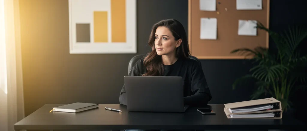 Woman in black jacket working at laptop in modern office with desk, notebook, and plant.