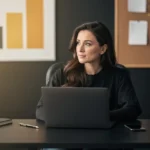 Woman in black jacket working at laptop in modern office with desk, notebook, and plant.