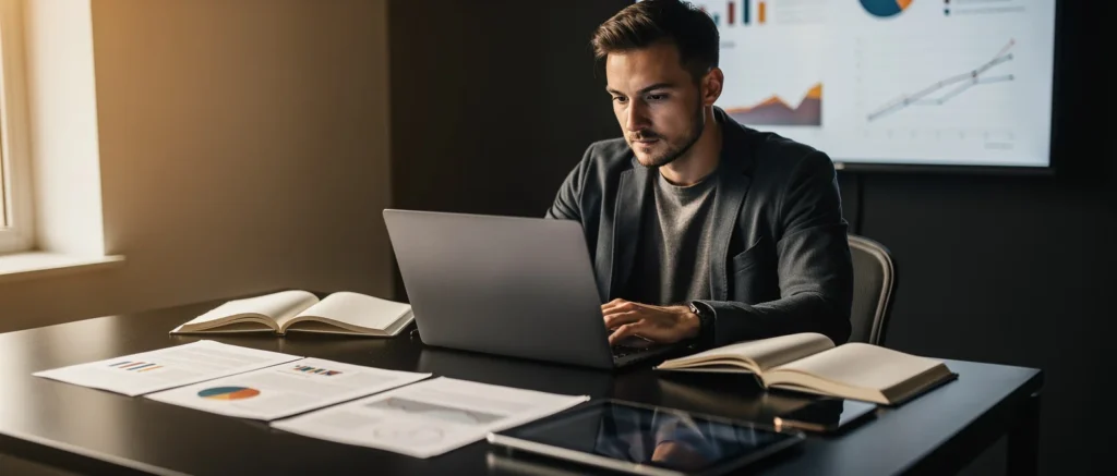 Man working on a laptop at a desk with documents, notebooks, and a tablet, with charts displayed on a screen behind him.