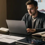 Man working on a laptop at a desk with documents, notebooks, and a tablet, with charts displayed on a screen behind him.