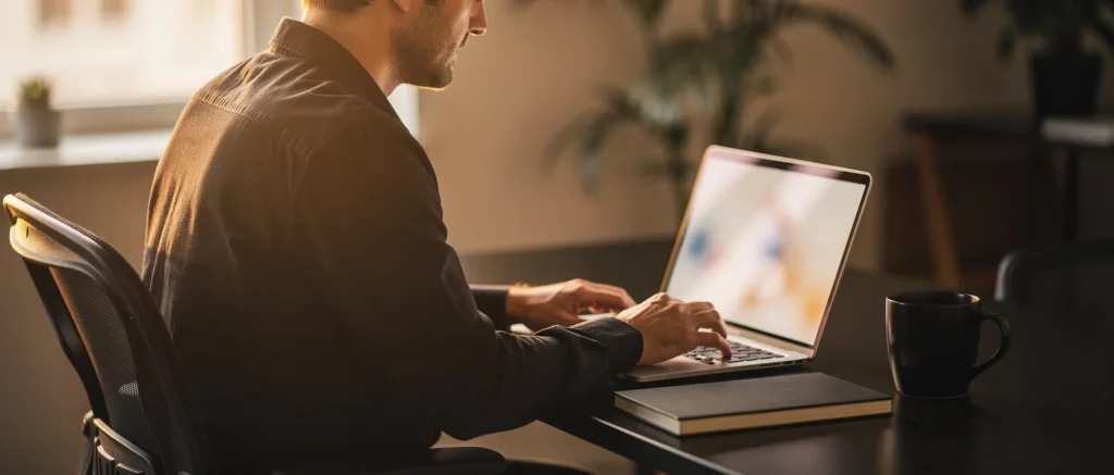 Man working at laptop at desk with coffee mug and notebook in warm office lighting.