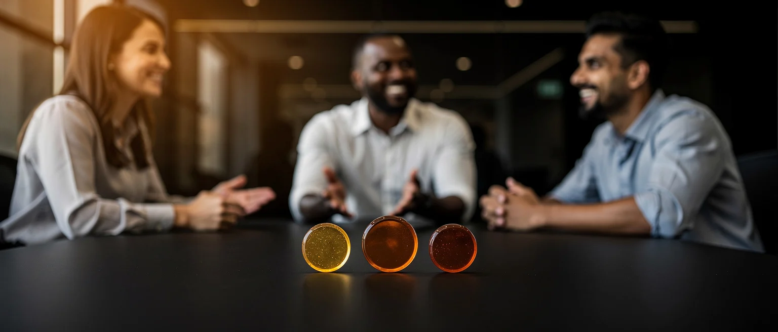 Three glasses with progressively darker liquids on a table in front of three people having a conversation.