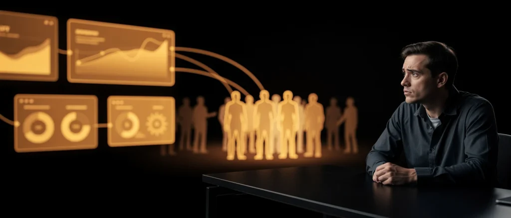 Man in dark shirt sitting at table with glowing diagram showing connected icons and human figures on black background.