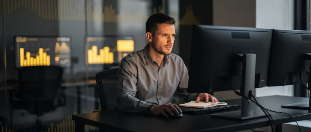 Man in grey shirt working at desk with multiple computer monitors displaying yellow data charts.