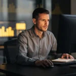 Man in grey shirt working at desk with multiple computer monitors displaying yellow data charts.