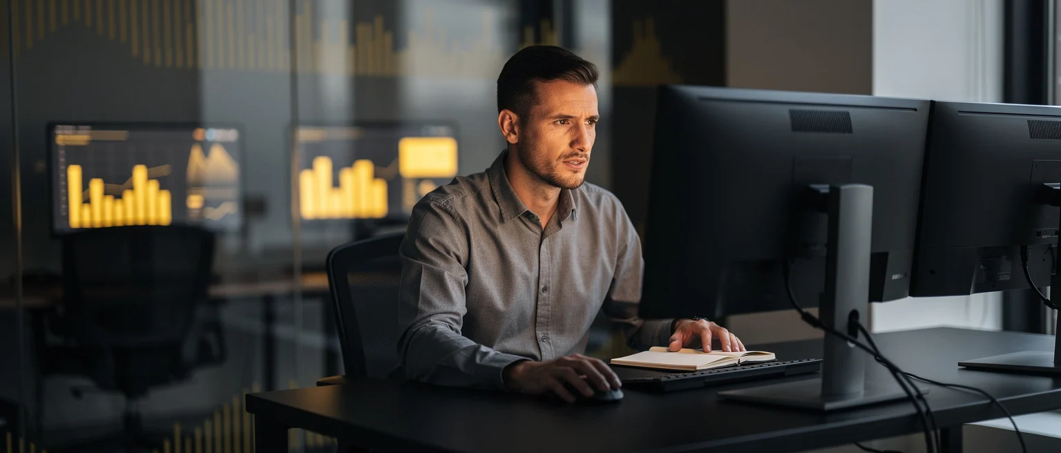 Man in grey shirt working at desk with multiple computer monitors displaying yellow data charts.