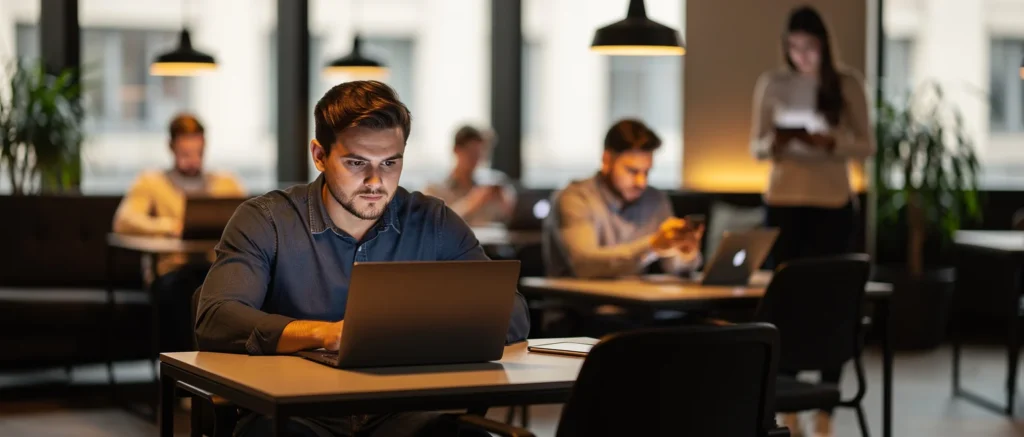 Man in blue shirt working on laptop at desk in modern office with other employees in background.