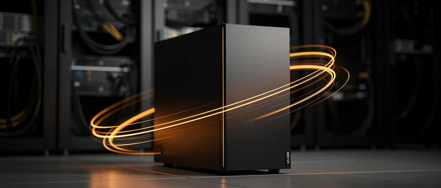 Black computer tower with glowing orange power cables on a server room floor.