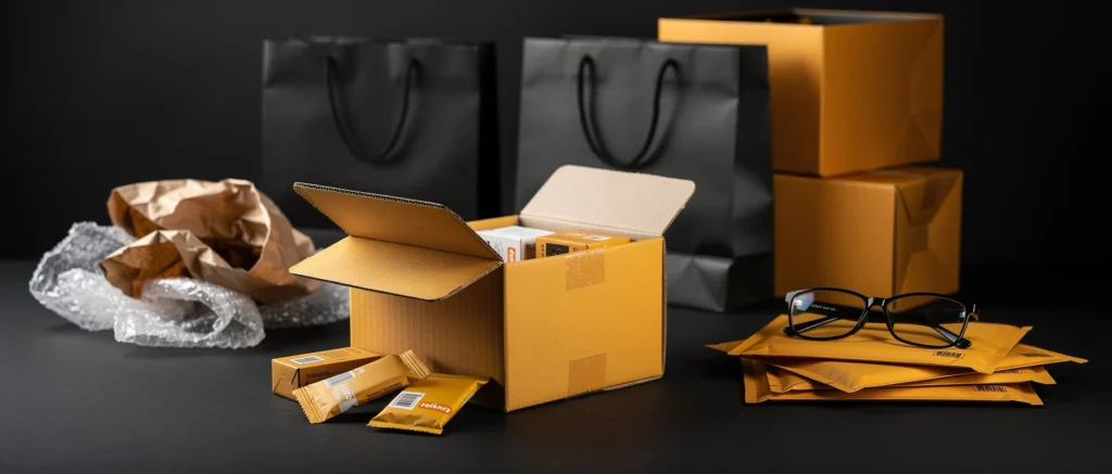Open cardboard box surrounded by packaging materials, shipping envelopes, glasses, and black shopping bags on dark surface.