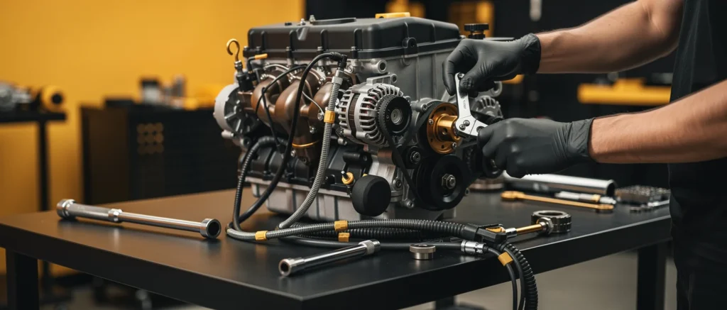 Mechanic in black gloves inspecting a dismantled engine with alternator and hoses on a workbench.