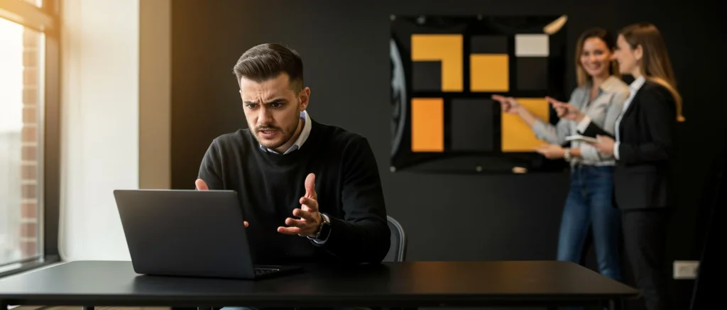 Man in black sweater gestures while looking at laptop, with two women pointing at a board with yellow and black squares behin