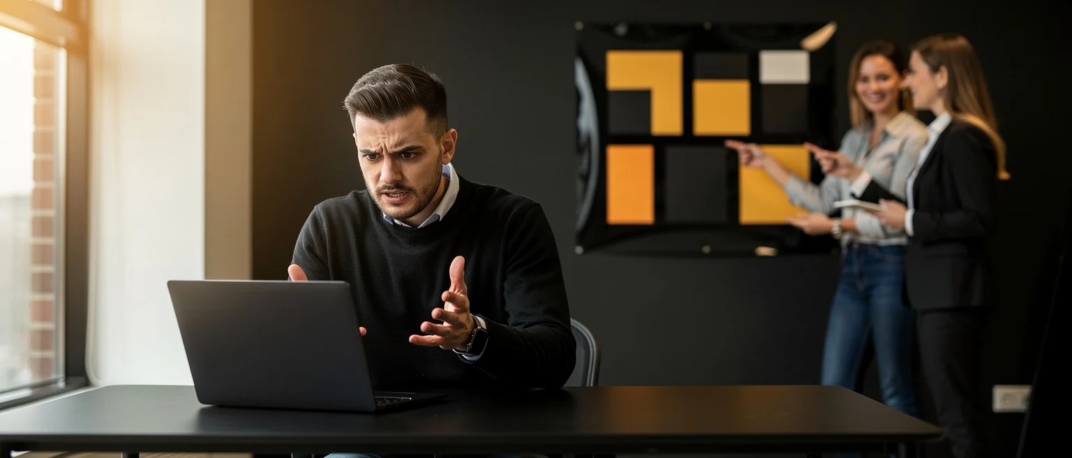 Man in black sweater gestures while looking at laptop, with two women pointing at a board with yellow and black squares behin