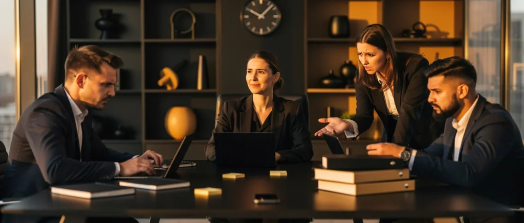 Four business professionals in dark suits having a discussion at a conference table with laptops and books.