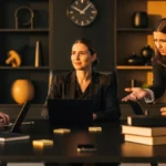 Four business professionals in dark suits having a discussion at a conference table with laptops and books.