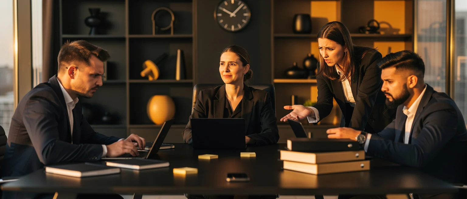 Four business professionals in dark suits having a discussion at a conference table with laptops and books.