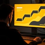 Person working at desk with two monitors displaying yellow and black technical graphics with upward trending charts.