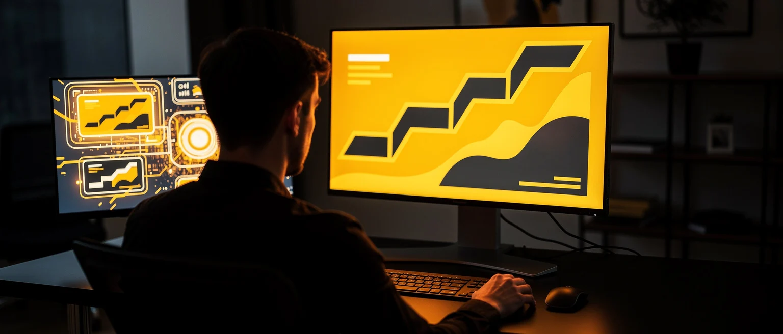 Person working at desk with two monitors displaying yellow and black technical graphics with upward trending charts.