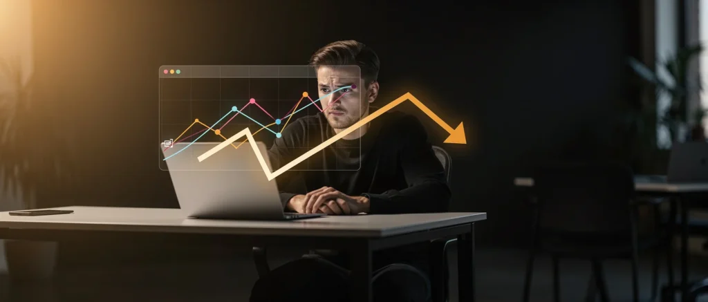 Man at laptop viewing a dashboard with colorful line graphs and a downward-pointing arrow on the screen.