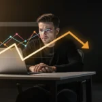 Man at laptop viewing a dashboard with colorful line graphs and a downward-pointing arrow on the screen.