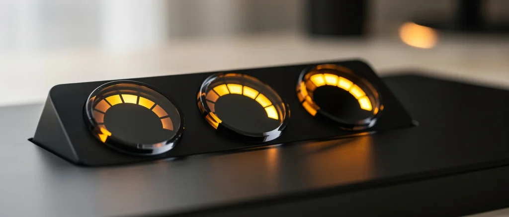 Black dashboard display with three illuminated amber gauge indicators.