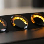 Black dashboard display with three illuminated amber gauge indicators.