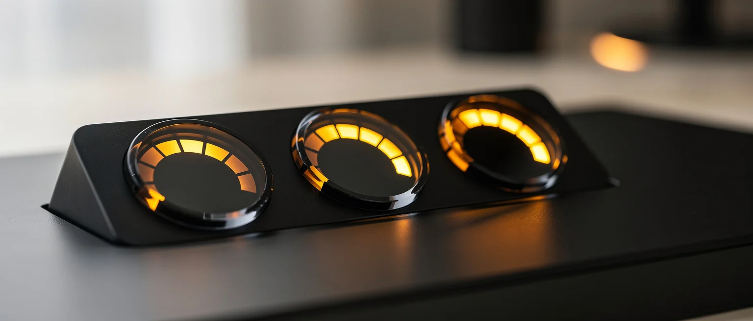 Black dashboard display with three illuminated amber gauge indicators.