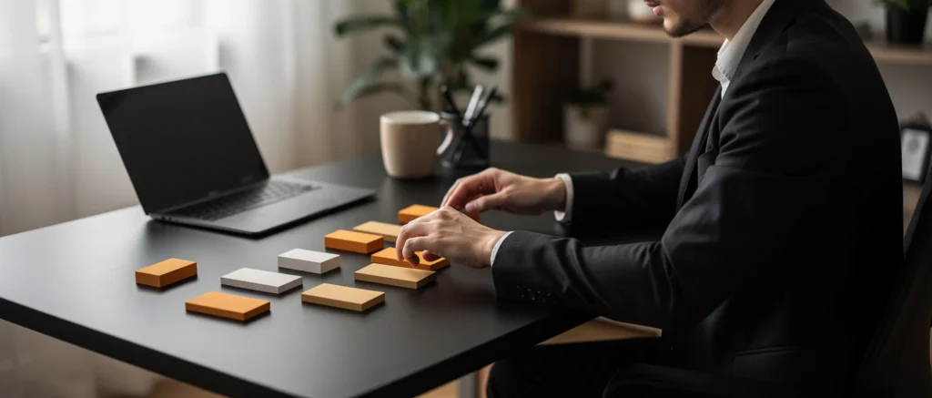 Man in business suit arranging wooden blocks on desk next to laptop in modern office.