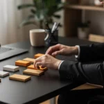 Man in business suit arranging wooden blocks on desk next to laptop in modern office.