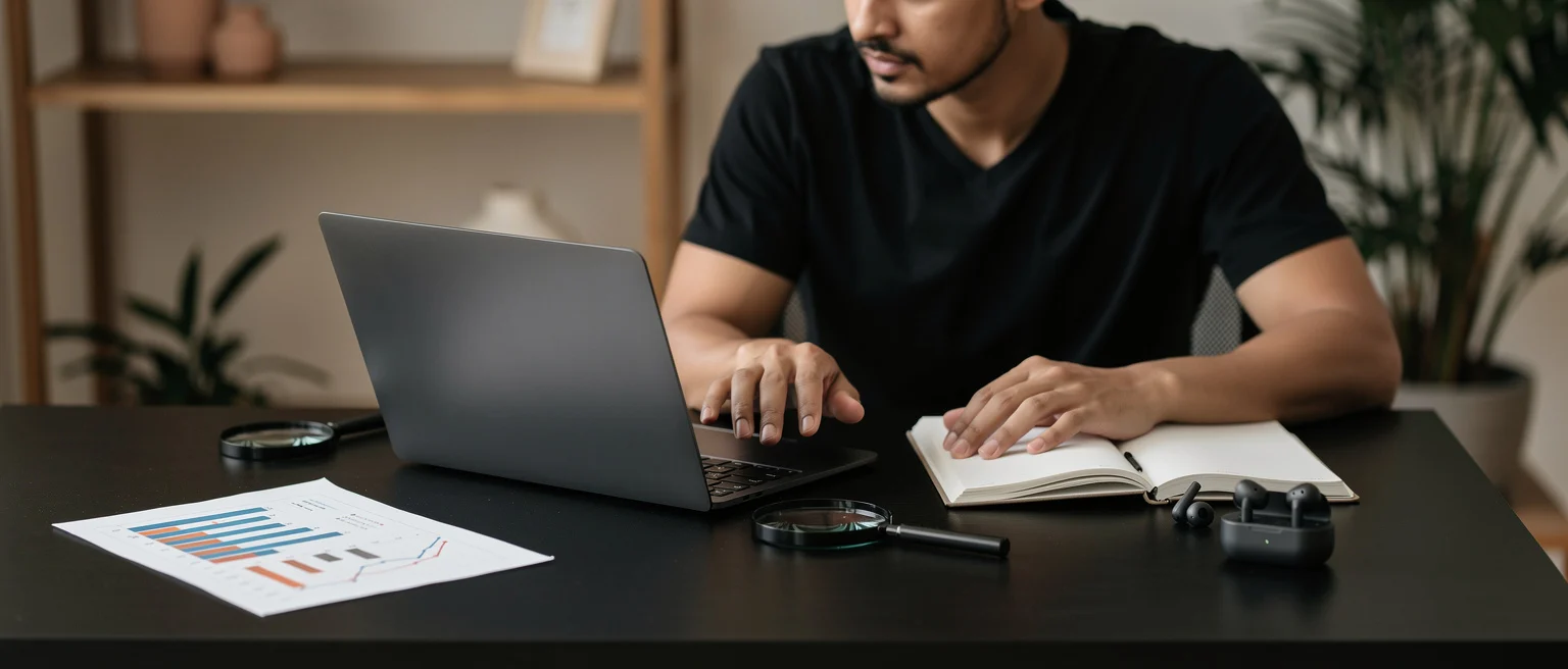 Man in black shirt working at desk with laptop, notebook, and printed charts with potted plants in background.