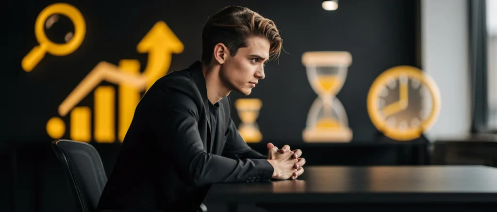 Man in dark blazer seated at desk with yellow business icons including upward arrow, magnifying glass, hourglass, and clock i