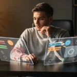 Man working at desk with two transparent laptops displaying colorful digital interface icons and data visualizations.
